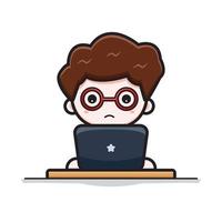 Cute successful businessman working with laptop cartoon vector icon illustration