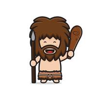 Cute primitive caveman holding cudgel and spear cartoon icon clip art illustration vector