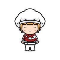 Cute chef holding sausage on plate cartoon icon illustration vector