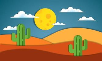 Cactus in the night desert landscape with paper art style vector illustration