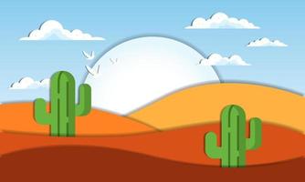 Cactus in the desert landscape with paper art style vector illustration