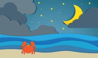 hello night summer with beach landscape background and crab. paper art style. vector Illustration.