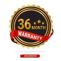 36 month warranty golden seal, stamp, badge, stamp, sign, label with red ribbon isolated on white background. vector