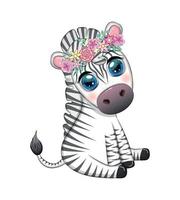 Striped zebra in a wreath of flowers, with a bouquet. Spring is coming vector