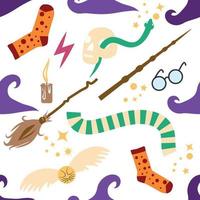 Witches school of magical objects seamless pattern in flat style vector