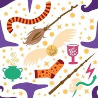 Witches school of magical objects seamless pattern in flat style vector