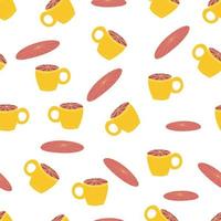 Cups and saucers bright seamless pattern. Tea, tea shop, coffee. Wallpaper, wrapping paper vector