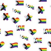 Seamless pattern with new lgbt flag, hearts, text, flower and flag. Gay pride. Pride Month. Love, lgbtq vector