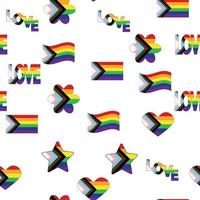 patrón impecable con nueva bandera lgbt, corazones, texto, flor y bandera. orgullo gay. mes del orgullo amor, lgbtq vector