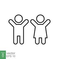 Children, boy and girl icon. Simple outline style. Happy kid, fun child, hands up, wc or toilet logo concept. Thin line symbol. Vector illustration design isolated on white background. EPS 10.