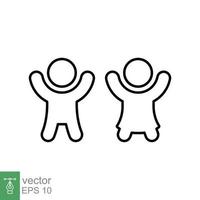 Children, boy and girl icon. Simple outline style. Happy kid, fun child, hands up, wc or toilet logo concept. Thin line symbol. Vector illustration design isolated on white background. EPS 10.