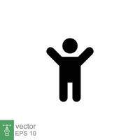 Boy hands up icon. Simple flat style. Man raised two hands, hold arm, happy figure concept. Silhouette, glyph symbol. Vector illustration design isolated on white background. EPS 10.