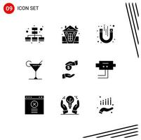 Editable Vector Line Pack of 9 Simple Solid Glyphs of bureaucracy bribe laboratory lemon cocktail Editable Vector Design Elements