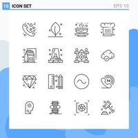 User Interface Pack of 16 Basic Outlines of food cook hot chef hat cafe Editable Vector Design Elements