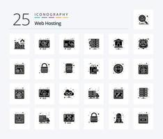 paquete de iconos de 25 glifos sólidos de alojamiento web que incluye . página de inicio computadora. casa. estrella vector
