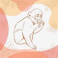 Monkey Animal Character vector line art illustration on floral background. monkey line art icon