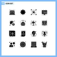 User Interface Pack of 16 Basic Solid Glyphs of disease computer mind gadget storming Editable Vector Design Elements