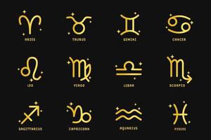 conjunto de signos del zodiaco dorado. iconos del zodiaco de lujo. ilustración vectorial sobre fondo negro.