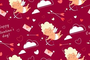 Seamless Pattern for Valentine's Day on red background. Cupid, Hearts, arrows of Cupid, messages of love. Vector illustration.