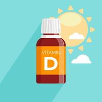 Bottle of vitamin D. Capsule, drops and Pills for nutrition. Medicine Bottle Icon. Sunny vitamins for the Health of the body. Flat vector illustration.