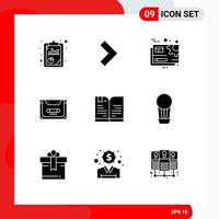 Modern Set of 9 Solid Glyphs Pictograph of back to school compact file cassette analog Editable Vector Design Elements