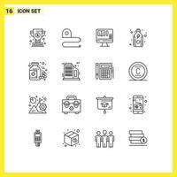 Outline Pack of 16 Universal Symbols of pills bottle monitor protein fitness Editable Vector Design Elements