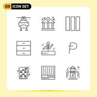 User Interface Pack of 9 Basic Outlines of rain leaf layout agriculture furniture Editable Vector Design Elements