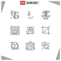 Pack of 9 Modern Outlines Signs and Symbols for Web Print Media such as property estate growth construction home Editable Vector Design Elements