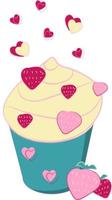 Hand drawn muffin with strawberries and flying hearts for Valentine design isolated on white background vector