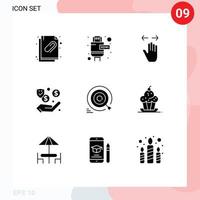 Editable Vector Line Pack of 9 Simple Solid Glyphs of goal cash gesture security dollar Editable Vector Design Elements