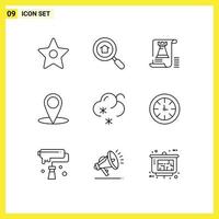 Pack of 9 Modern Outlines Signs and Symbols for Web Print Media such as watch snow tower forecast map Editable Vector Design Elements