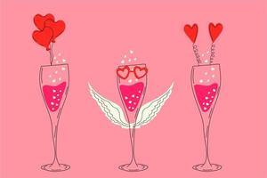 Set of three Glass of champagne decorated for Valentine's Day. Love, Valentine's Day vector