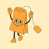 Tea bag in retro cartoon style illustration, vintage character vector art collection