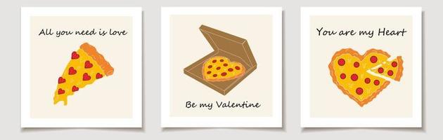 juego de tarjetas de san valentín con un juego de tres pizzas en forma de corazón. amor, día de san valentín. vector