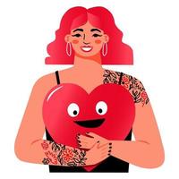 Woman giving a heart. Valentines day concept. Girl in black dress and with tattoo holding heart. Vector illustration