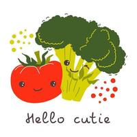 Tomato and broccoli. Card with text Hello cutie. Baby print. Vector ripe vegetables. Perfect for printing on the fabric, design package and cover