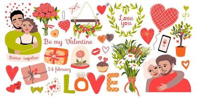 conjunto de día de san valentín. hombres y mujeres abrazándose. parejas de amor felices. diferentes corazones, guirnaldas, plantas, ramo de flores y texto. perfecto para afiches o pancartas, tarjetas de felicitación vector