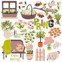 Spring set. Different  flowers, sakura, tulips, chamomiles and plants, cute bunny, bumblebee and bird with nest, bench, garden baskets. Vector illustration and text