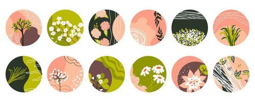 Spring item. Set of 12 abstract vector rounds for social media stories. Bundle of templates for Story Highlights Covers Icons. Chamomile, various branches, flowers, leaves, spots, curve and lines.