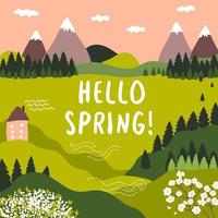 Hello spring. Mountains, green hills and meadows, spruces, forest, lines, curves and  flowering tree branches, a cozy house. Beatiful landscape. Vector border, frame.