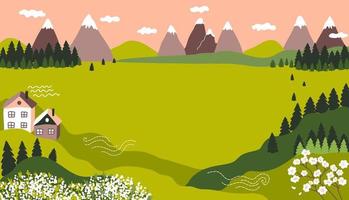 Spring landscape. Mountains, green hills and meadows, spruces, forest, lines, curves and  flowering tree branches, a cozy houses.  Vector border, frame.