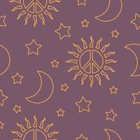 seamless pattern in hippie style with orange sunny Peace sign, moon and stars and hearts on purple background. Retro style. vector