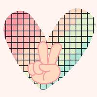 Icon, sticker in hippie style with heart with gradient squares and victory sign vector