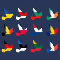 Set of  doves in colors of states flags Germany, Ukraine, Poland, Lithuania, Latvia, and other vector