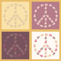 Set of Icon, sticker in hippie style with Peace sign and v sign on beige background. Retro style vector