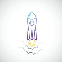 Rocket simple icon with flame and smoke. Colored Rocket emblem in line style. vector