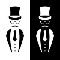 caballero vestido con traje, sombrero retro, lazo y gafas. emblema de esmoquin retro. vector