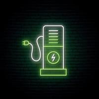 Green neon charging station sign. Bright electric car charging station emblem in neon style. vector