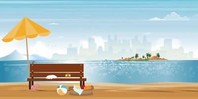 paisajes de arena de playa marina vista de la ciudad con gato durmiendo en un banco, temporada de verano de dibujos animados vectoriales junto al mar con nubes y fondo de cielo azul, hermoso paisaje marino y océano azul para el fondo de vacaciones vector