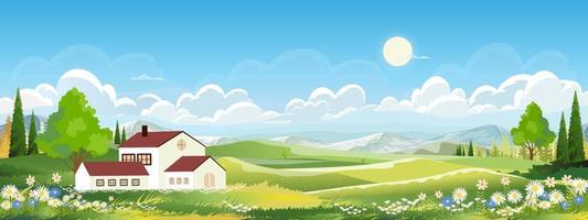 pueblo de paisaje de primavera natural, casa de campo, campo verde con nubes, cielo azul, campo rural natural de horizonte vectorial con árbol forestal, montañas en un día soleado, vector de dibujos animados para la primavera, pancarta de verano